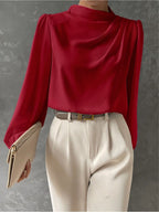 Women's Long Sleeve Blouse with Pleated Front and Relaxed Silhouette