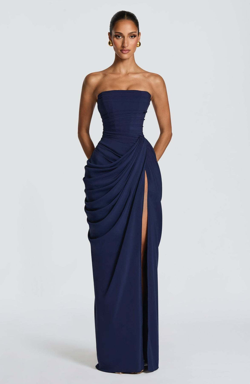 Women's Draped Evening Gown – Asymmetrical Long Sleeve Side Slit Dress