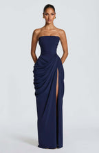 Women's Draped Evening Gown – Asymmetrical Long Sleeve Side Slit Dress