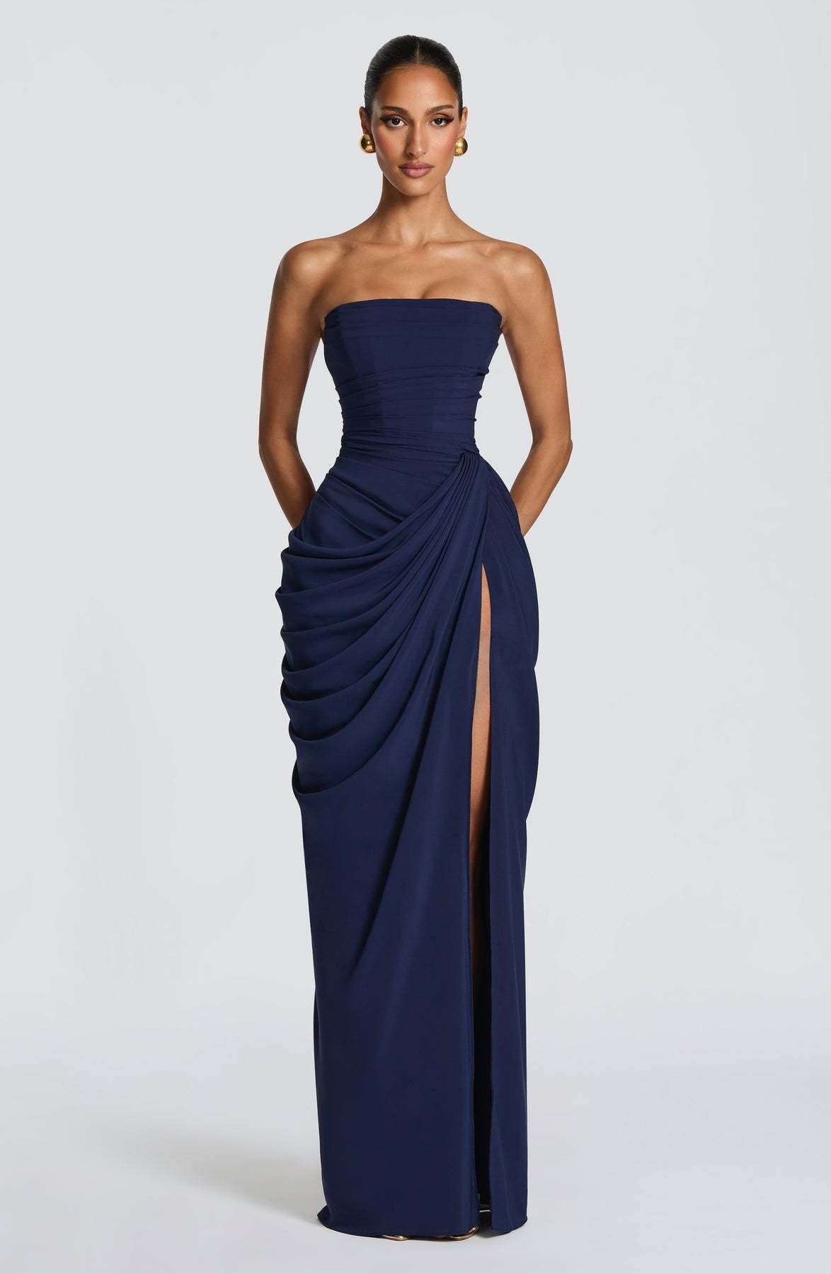 Women's Draped Evening Gown – Asymmetrical Long Sleeve Side Slit Dress