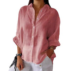 Women's Relaxed Blouse with Folded Sleeves and Button Front