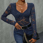 Women's Floral Lace Bodysuit – Deep V-Neck Long Sleeve Sheer Bodysuit