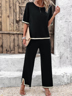 Women's Split Hem Wide Leg Lounge Set – Relaxed Top and Trousers Set