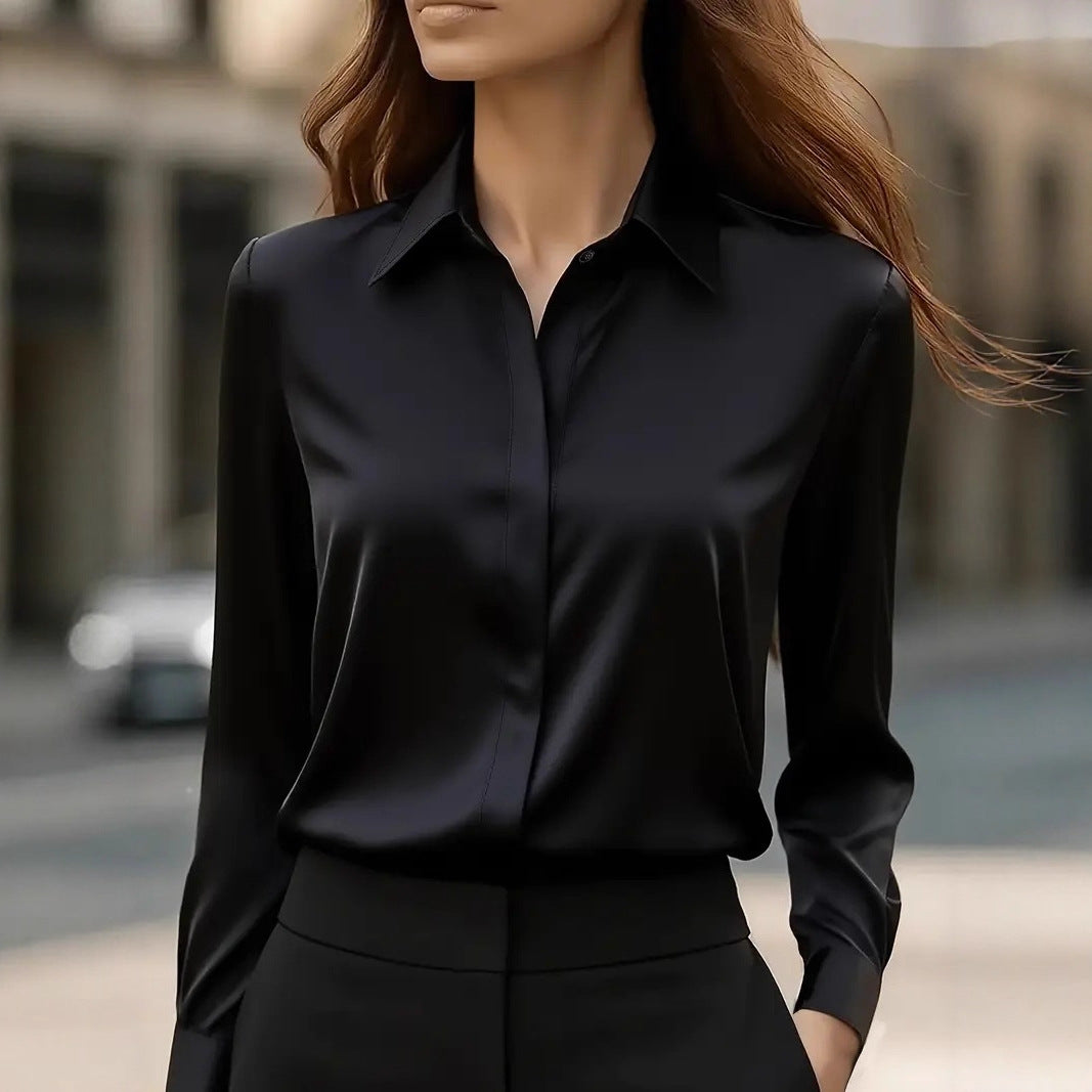 Women's Collared Blouse with Button Closure and Curved Hem