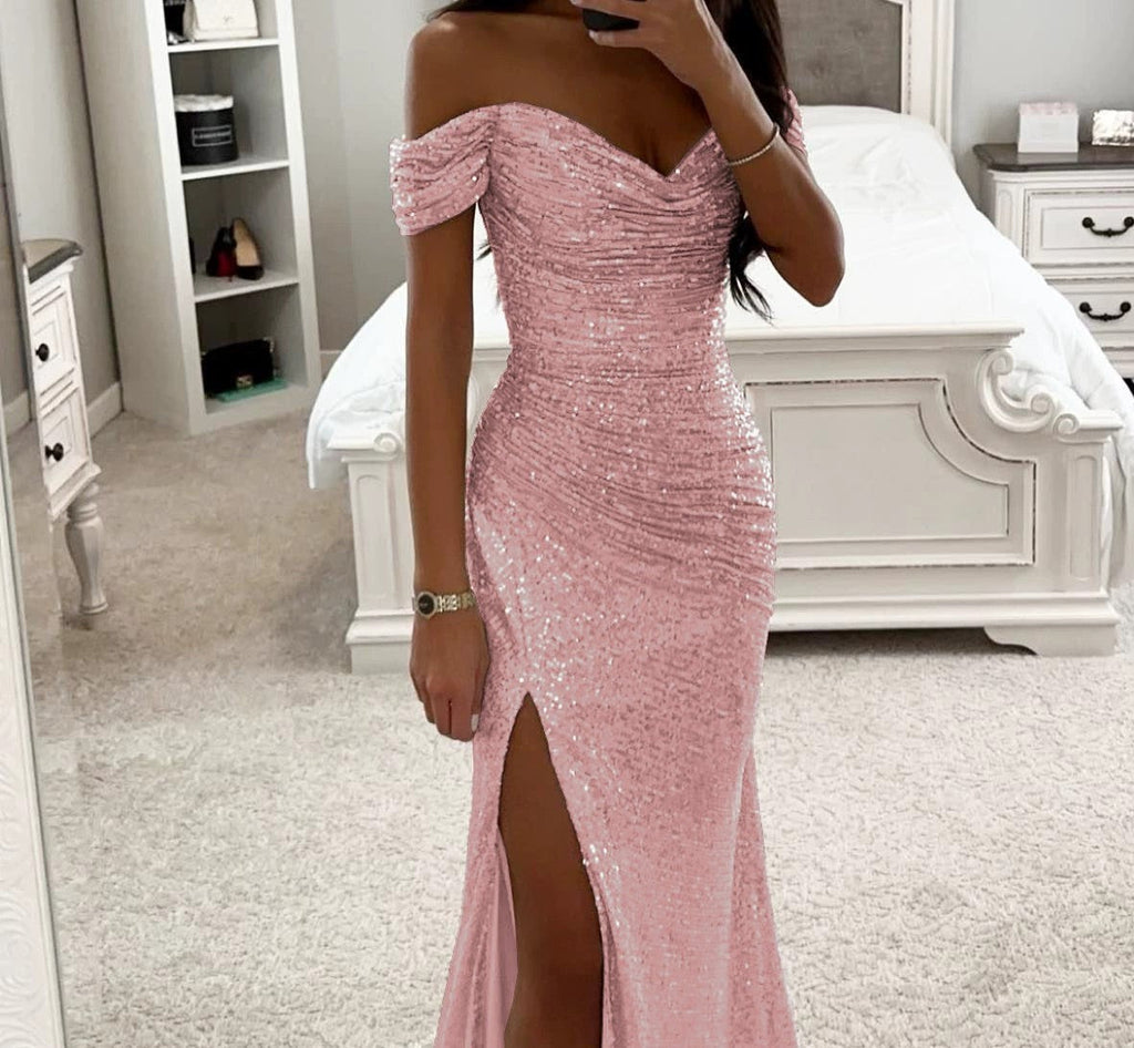 Women's Off-Shoulder Sequin Evening Dress – Side Slit Sparkle Gown