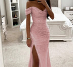 Women's Off-Shoulder Sequin Evening Dress – Side Slit Sparkle Gown