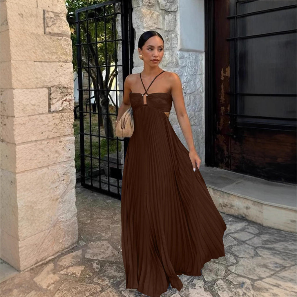 Women's Pleated Off-Shoulder Dress – Adjustable Strap Formal Dress