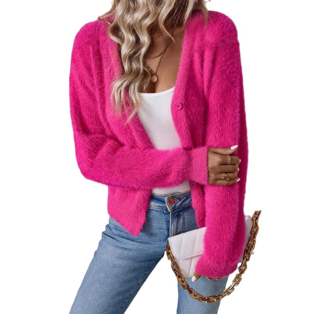 Women's Fluffy V-Neck Cardigan – Button Front Long Sleeve Knit Cardigan