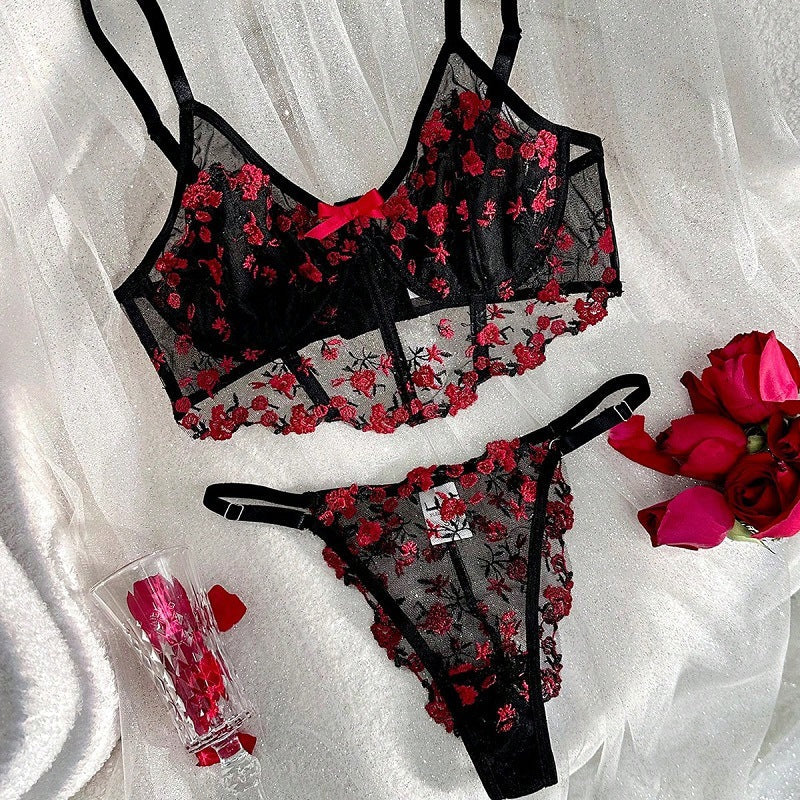 Women's French Lace Lingerie Set – Floral Bra & Matching Panty Set