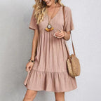 Women's V-Neck Summer Dress – Short Sleeve Ruffle Flowy Dress