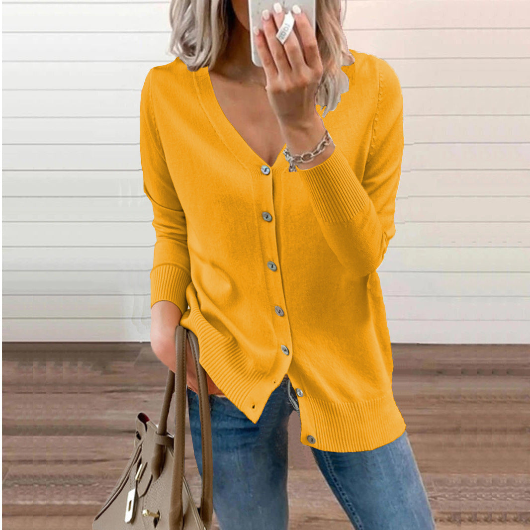 Women's V-Neck Button Cardigan – Ribbed Long Sleeve Knit Cardigan