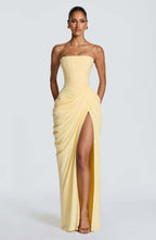 Women's Draped Evening Gown – Asymmetrical Long Sleeve Side Slit Dress