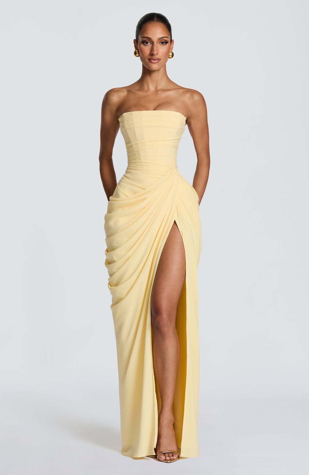 Women's Draped Evening Gown – Asymmetrical Long Sleeve Side Slit Dress