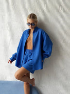 Women's Two Piece Set with Button Blouse and Matching Shorts