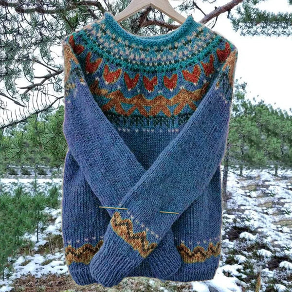 Women's Icelandic Knit Sweater – Vintage Nordic Pattern Crew Neck Pullover