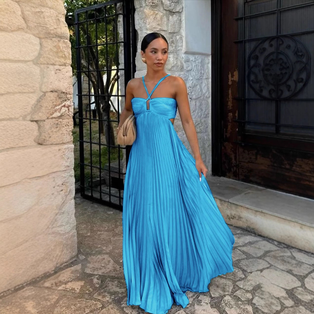 Women's Pleated Off-Shoulder Dress – Adjustable Strap Formal Dress