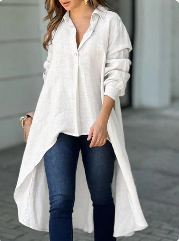 Women's Longline Shirt Blouse – Asymmetrical Button Down Tunic Blouse
