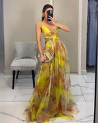 Women's Floral Maxi Dress – V-Neck Spaghetti Strap Evening Gown