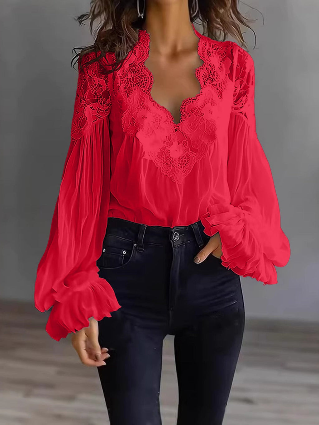 Women's Lace Blouse with Sheer Sleeves and Scalloped Details