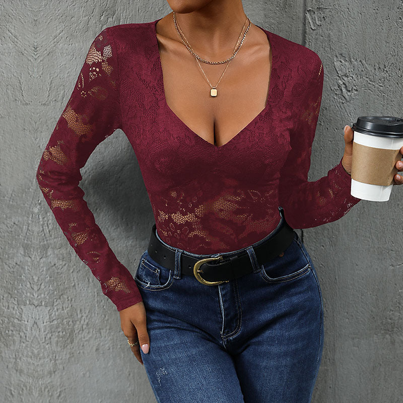 Women's Floral Lace Bodysuit – Deep V-Neck Long Sleeve Sheer Bodysuit