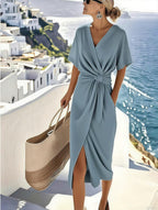 Women's Draped Wrap Dress – Side Slit Midi Dress