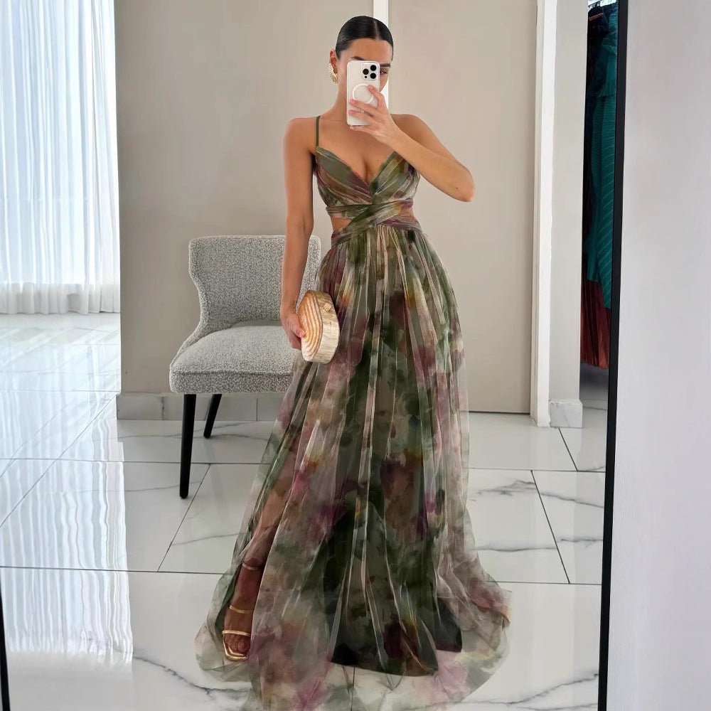 Women's Floral Maxi Dress – V-Neck Spaghetti Strap Evening Gown