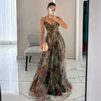 Women's Floral Maxi Dress – V-Neck Spaghetti Strap Evening Gown