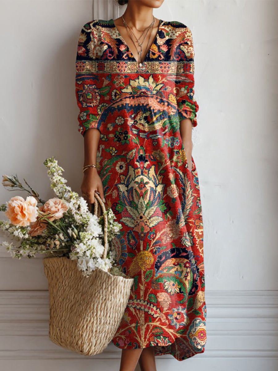Women's Vintage Floral Midi Dress – Relaxed A-Line Summer Dress