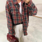 Women's Oversized Check Blouse – Relaxed Button Front Shirt Blouse