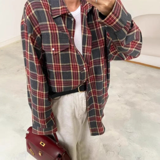 Women's Oversized Check Blouse – Relaxed Button Front Shirt Blouse