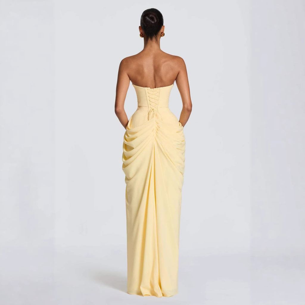 Women's Draped Evening Gown – Asymmetrical Long Sleeve Side Slit Dress