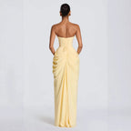 Women's Draped Evening Gown – Asymmetrical Long Sleeve Side Slit Dress