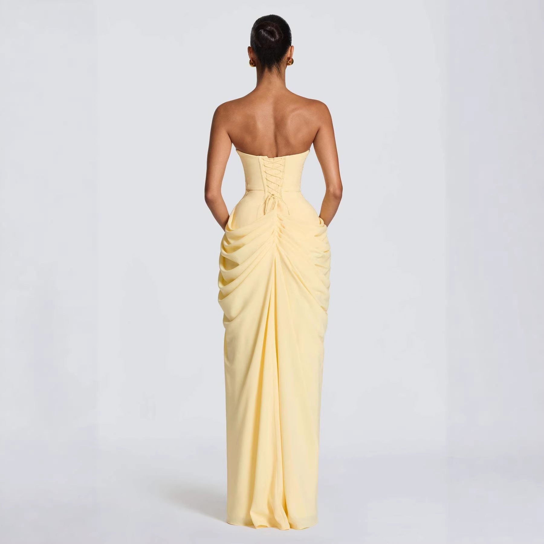 Women's Draped Evening Gown – Asymmetrical Long Sleeve Side Slit Dress
