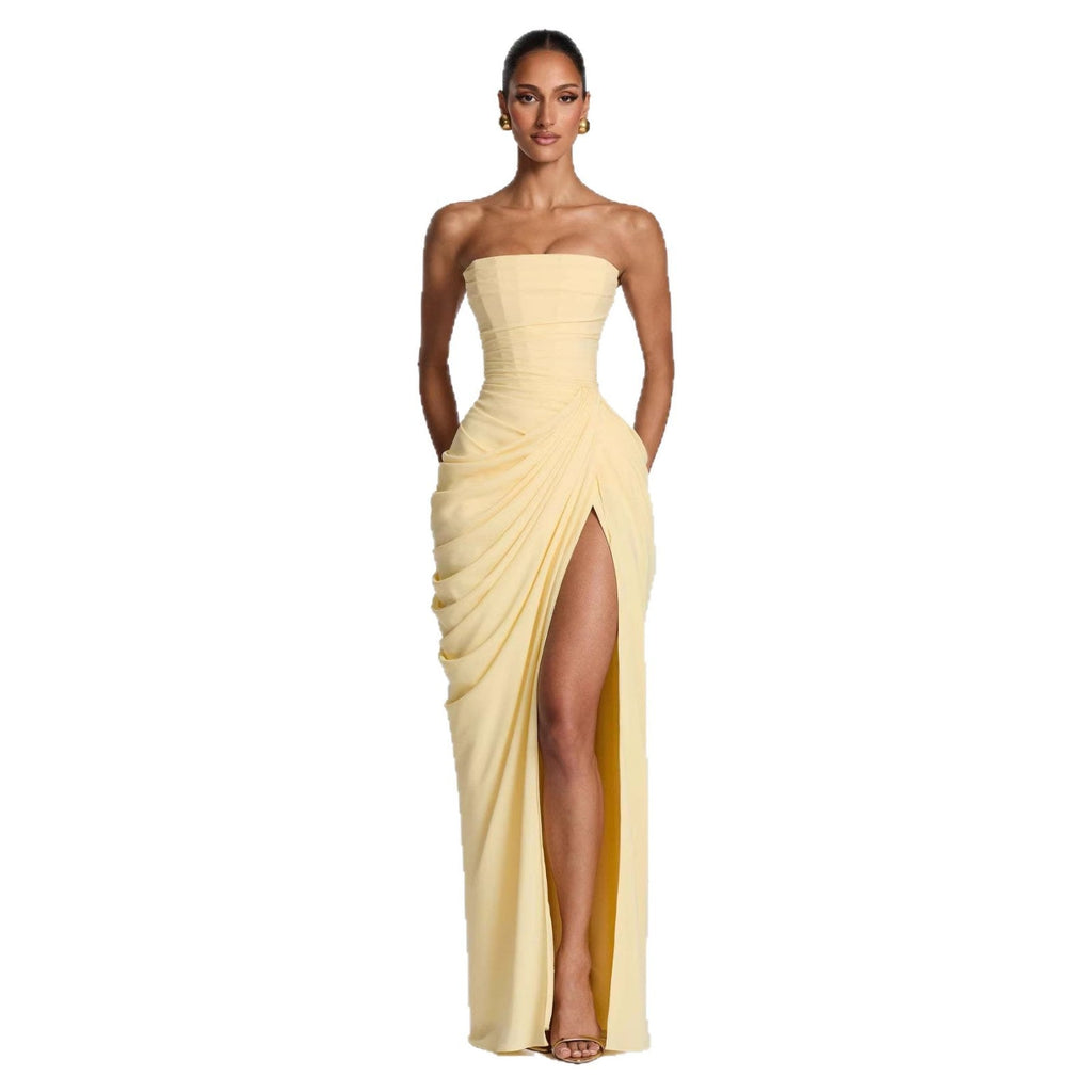 Women's Draped Evening Gown – Asymmetrical Long Sleeve Side Slit Dress