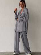 Women's Relaxed Oversized Lounge Set – Wide Leg Pants and Blouse Set