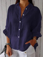 Women's Relaxed Blouse with Folded Sleeves and Button Front