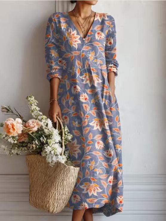 Women's Vintage Floral Midi Dress – Relaxed A-Line Summer Dress