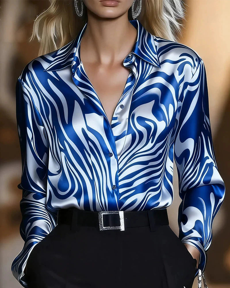 Women's Wave Print Blouse – Relaxed Long Sleeve Statement Blouse