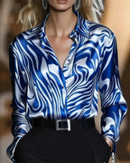 Women's Wave Print Blouse – Relaxed Long Sleeve Statement Blouse