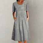 Women's Striped Midi Dress – Three-Quarter Sleeve Flowy Dress
