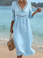 Women's V-Neck Midi Dress – Short Sleeve Pocket Summer Dress