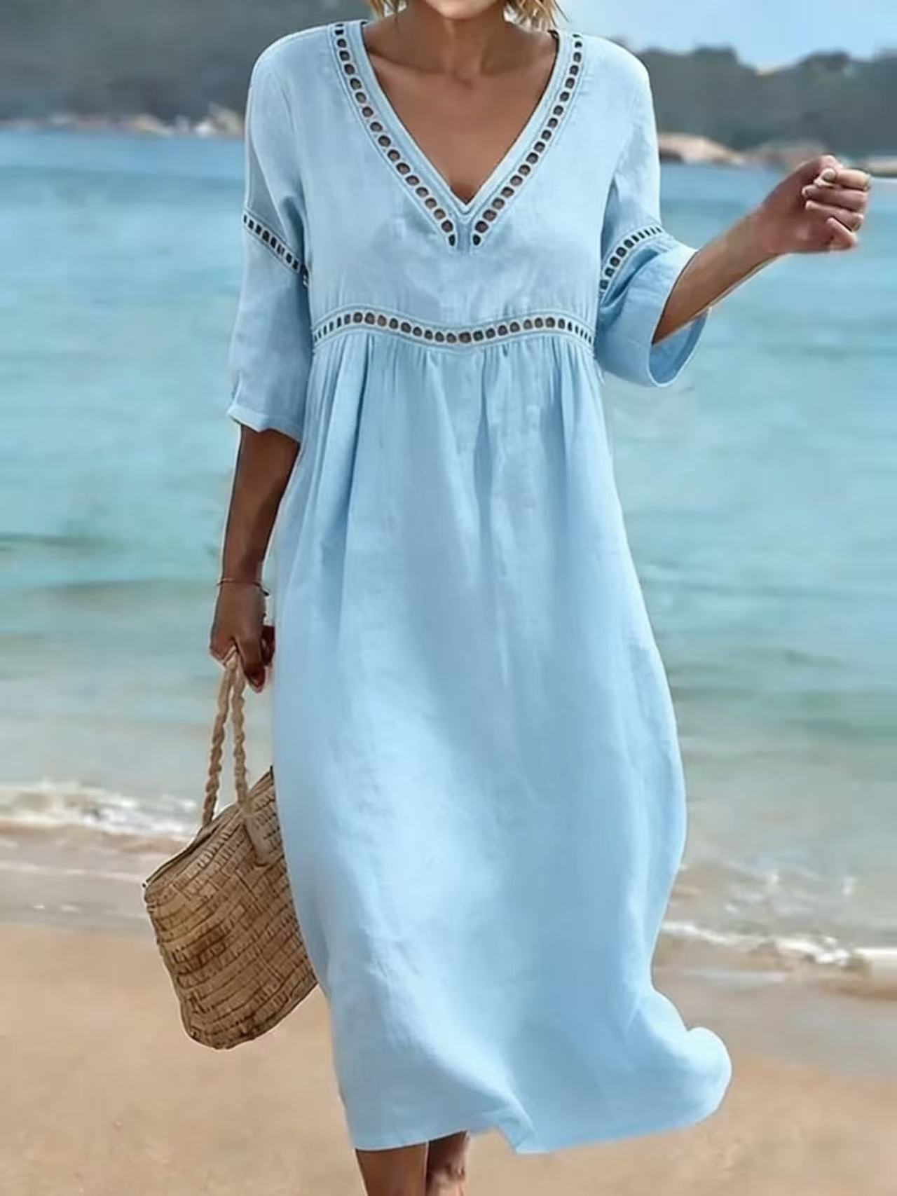 Women's V-Neck Midi Dress – Short Sleeve Pocket Summer Dress