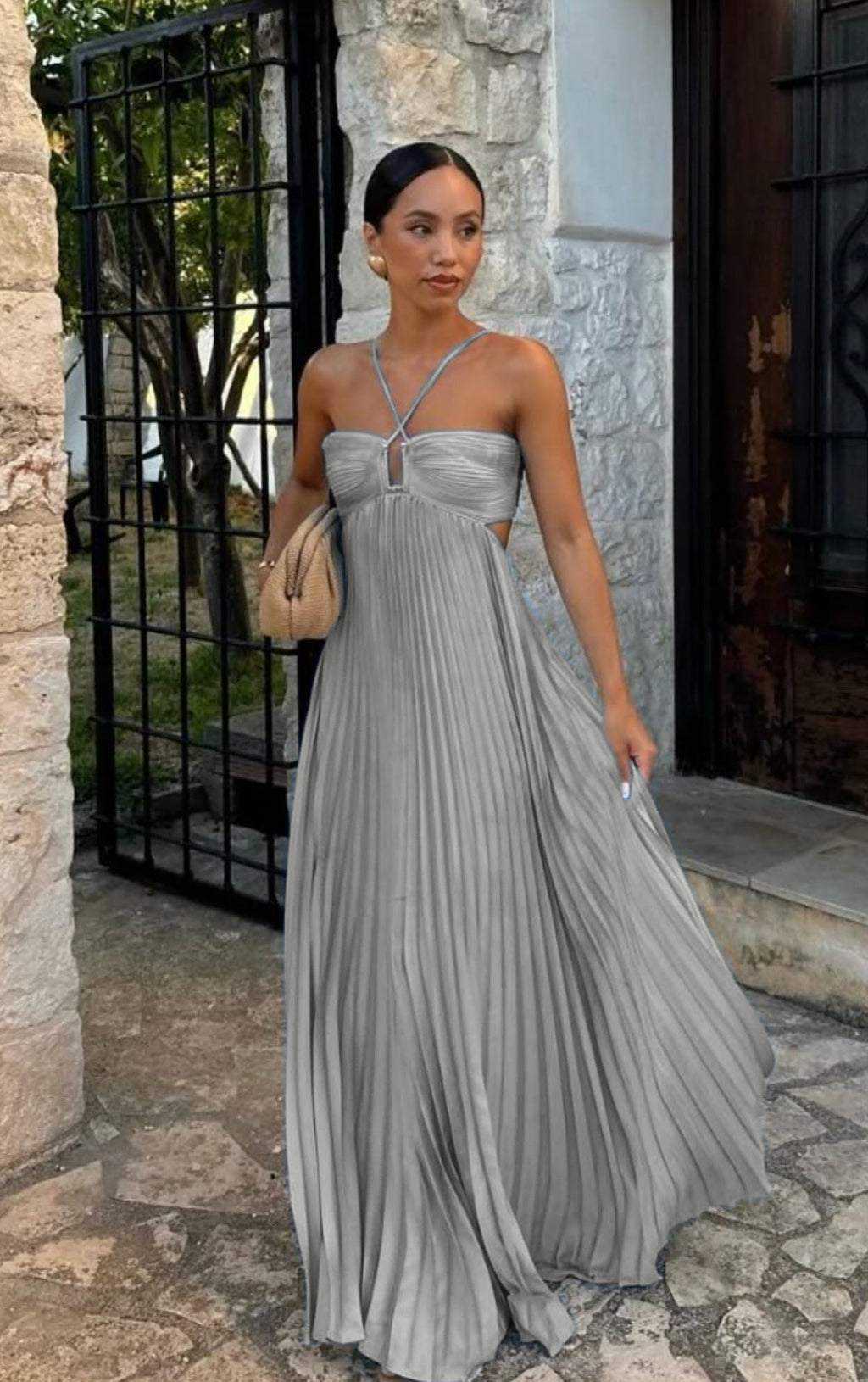 Women's Pleated Off-Shoulder Dress – Adjustable Strap Formal Dress