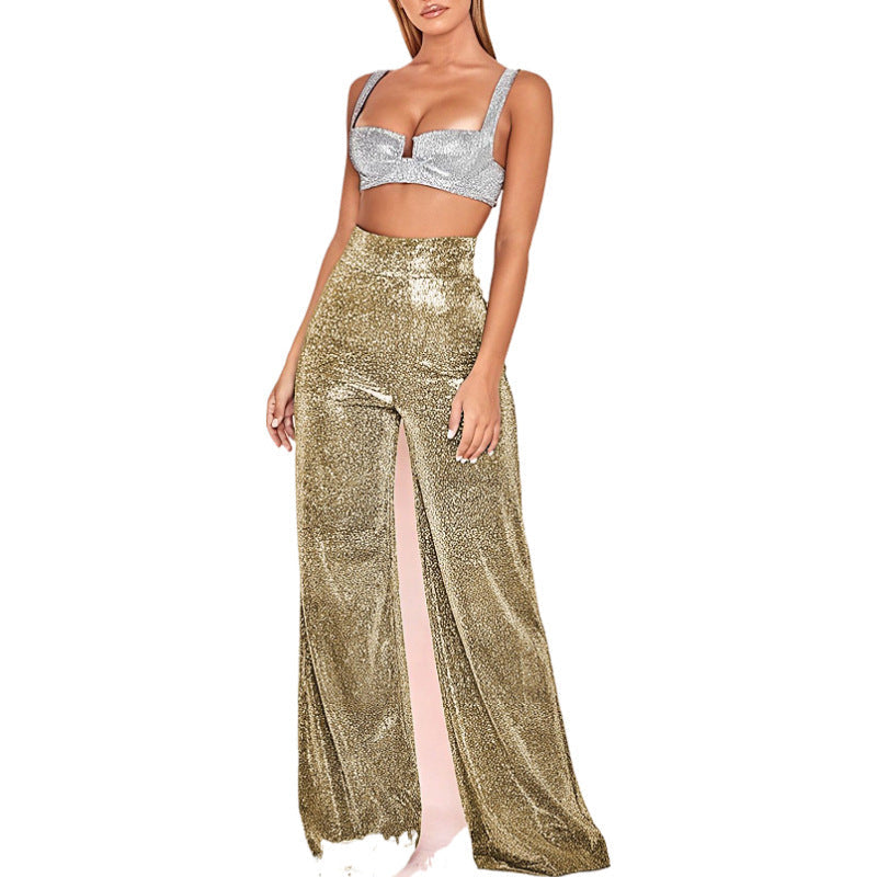 Women's Glitter Side Slit Trousers – High Waist Straight Leg Party Pants