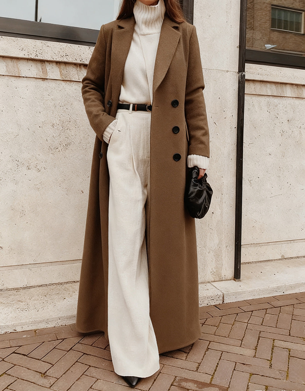 Women's Double-Breasted Long Coat – Deep Pocket Tailored Overcoat