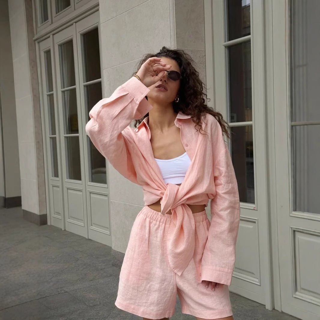 Women's Two Piece Set with Button Blouse and Matching Shorts