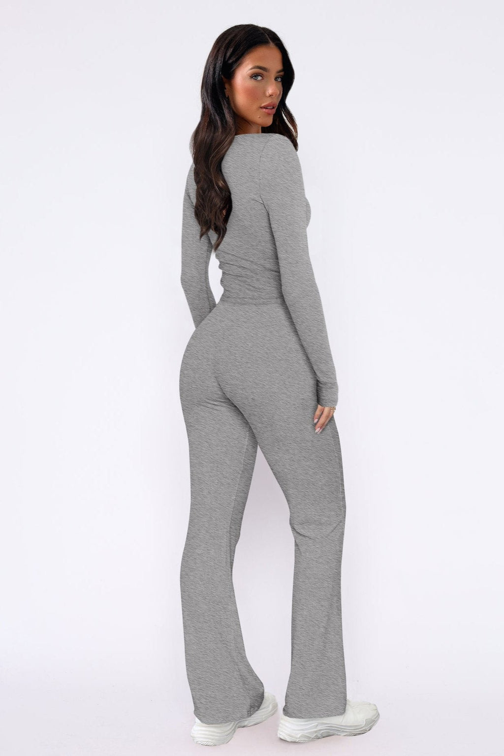 Women's Crop Top Flared Pants Set – Button Detail Casual Loungewear Set