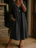 Women's Vintage Denim Look Dress – Relaxed Button Front Dress
