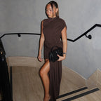 Women's Draped Dress – Asymmetrical Sash High Neck Dress