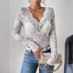 Women's Deep V-Neck Lace Bodysuit – Long Sleeve Sheer Floral Bodysuit